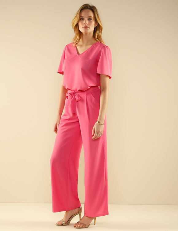 Blouse unie col V manches courtes (rose)