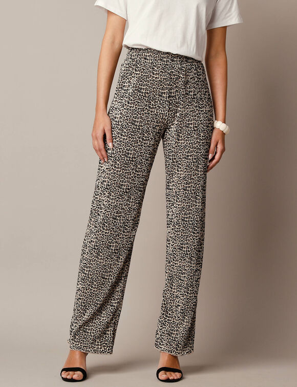 Pantalon imprimé , maille plissée (beige / noir)