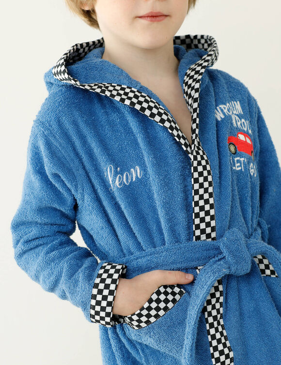 Badjas voor kinderen met kap en automotief, personaliseerbaar, katoenen badstof - 340 g/m2 (felblauw)