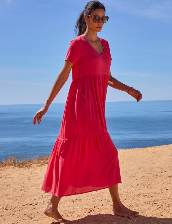 Robe col V longue unie, cr&eacute;pon (framboise)