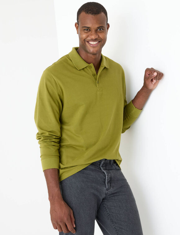 Polo uni maille piqu&eacute;e manches longues (vert mousse)