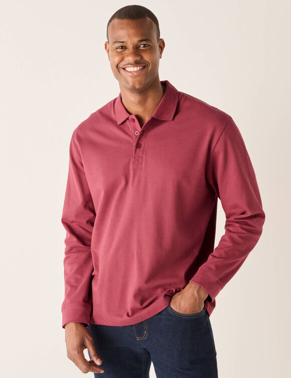 Polo uni maille piqu&eacute;e manches longues (rose fonc&eacute;)