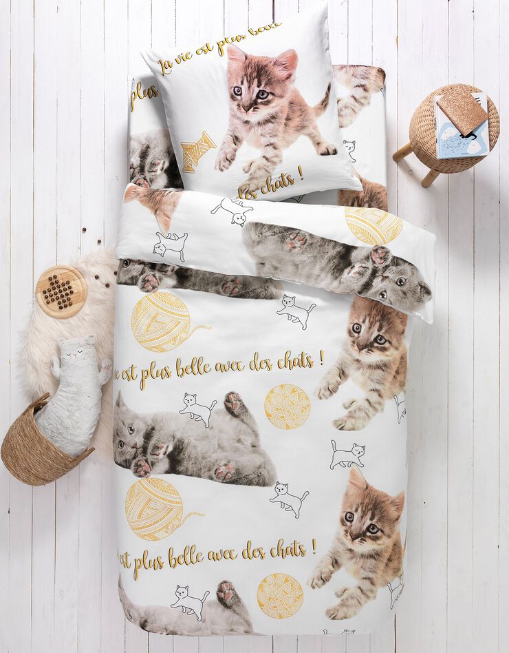 Bedlinnen voor kinderen Milie - katoen met kattenprint (wit)