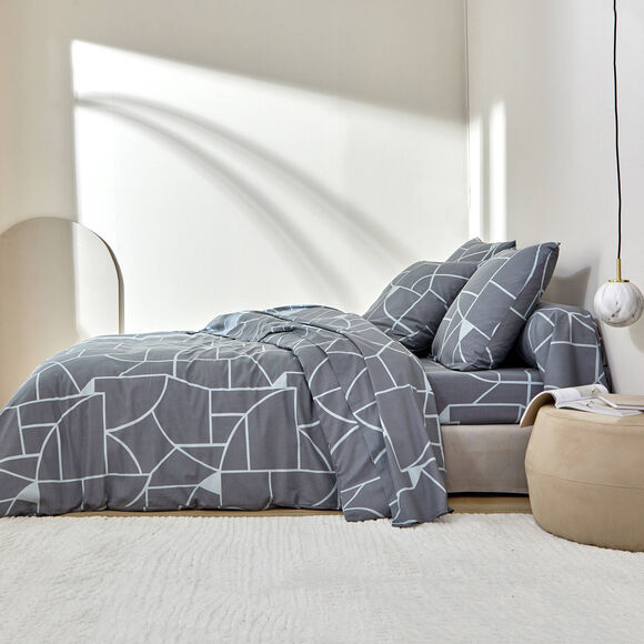 Linge de lit Geoffroy en coton &agrave; motifs graphiques (gris)