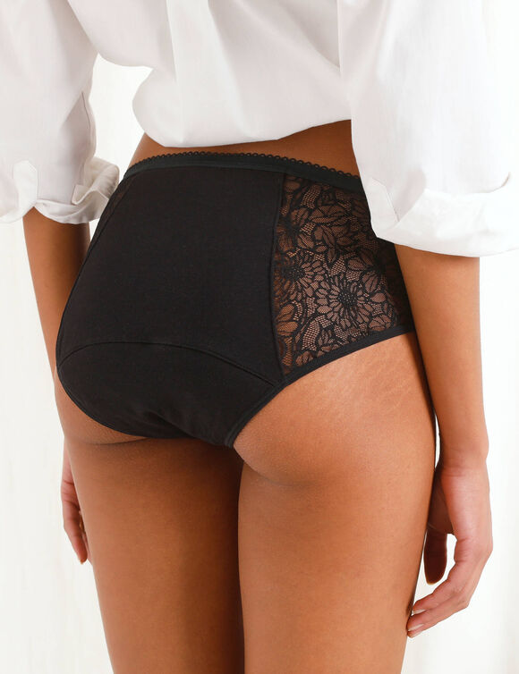 Boxer menstruel «protect » en coton biologique (**) et dentelle lavable - flux très abondant (noir)