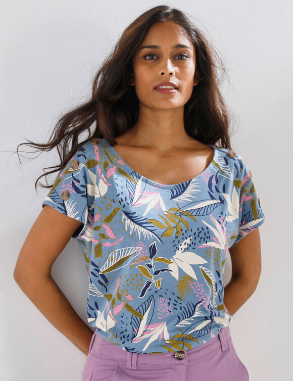 T-shirt col rond imprim&eacute; tropical (bleu / kaki)