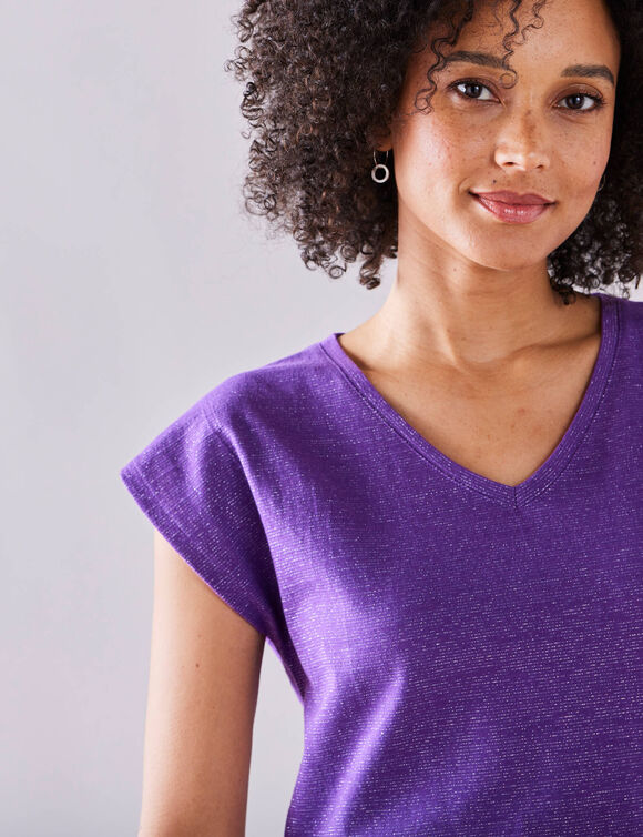 T-shirt col V, maille fantaisie brillante (violet)