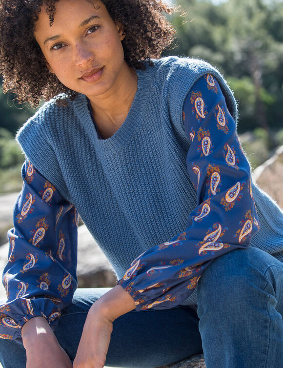 Mouwloze trui, pareltricot met mohairtouch (blauw)