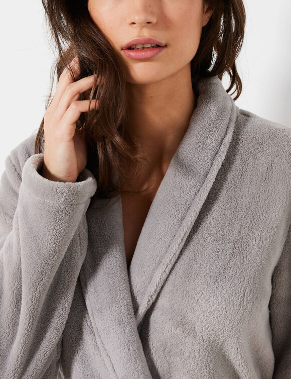 Fleece-badjas met pluche-achtige textuur en lange mouwen, lengte 115 cm (grijs)