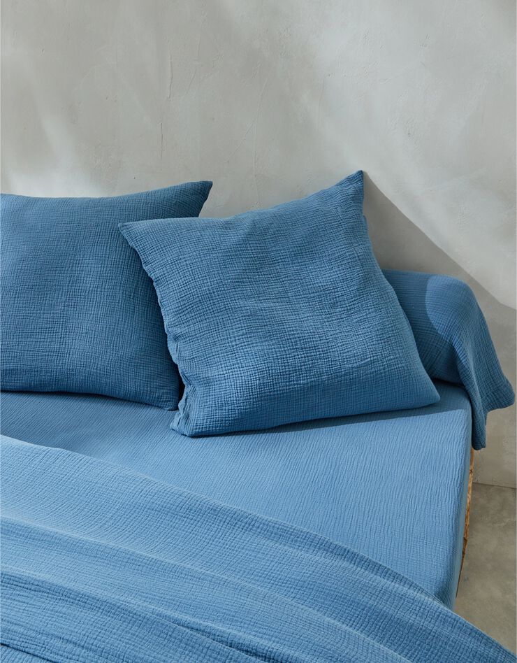 Linge de lit uni en triple gaze de coton (bleu)