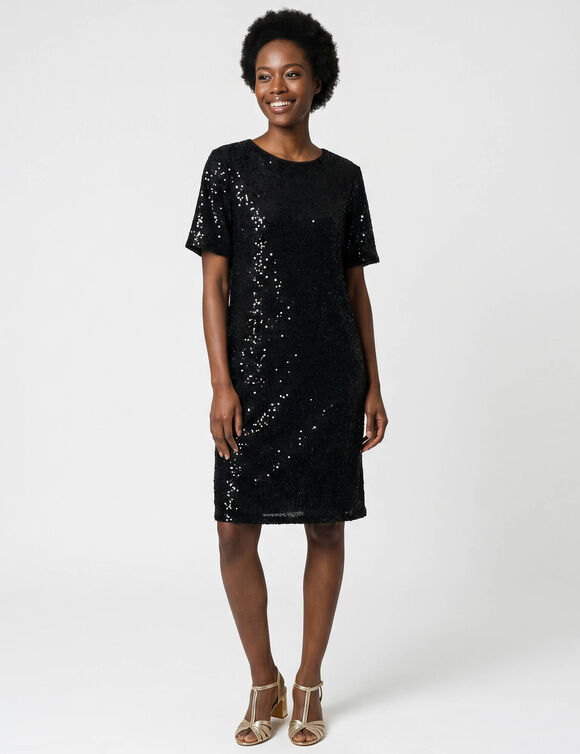 Robe housse &agrave; sequins, manches coudes &eacute;vas&eacute;es (noir / noir)