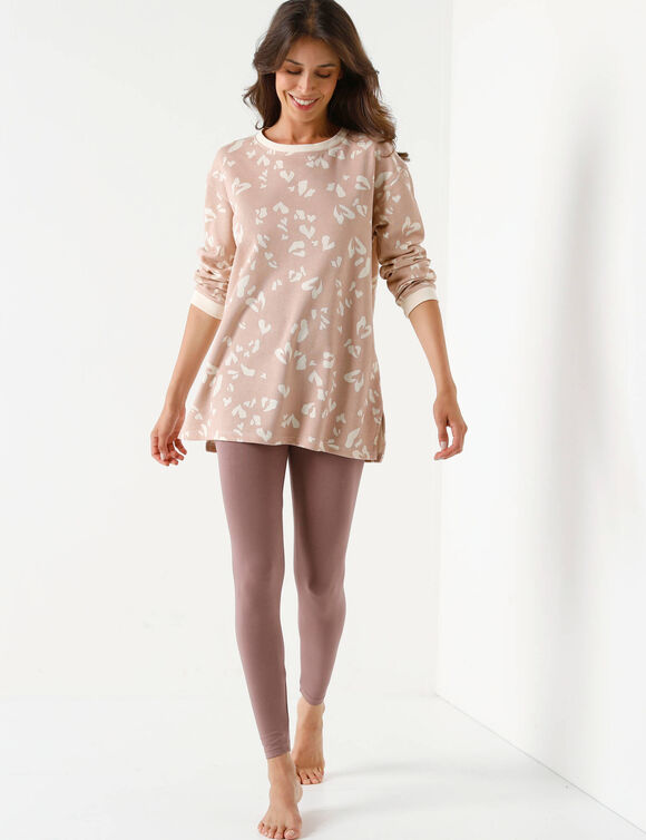 Pyjama legging en molleton, imprimé coeurs (beige / taupe)