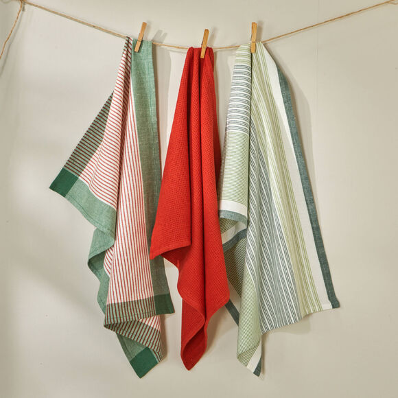 Torchons ray&eacute;s et uni coton tiss&eacute; teint - lots (vert / terracotta)