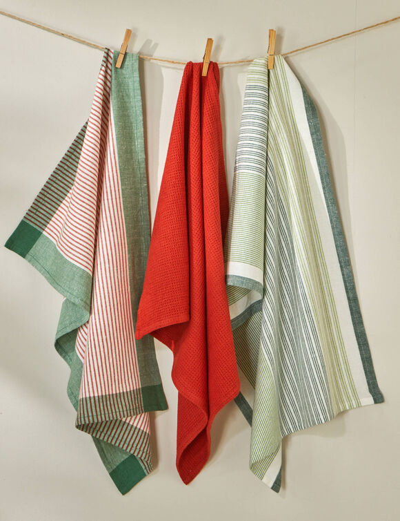 Torchons ray&eacute;s et uni coton tiss&eacute; teint - lots (vert / terracotta)