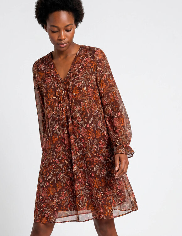 Geplooide jurk met bedrukking, bosprint (chocolade / roze)