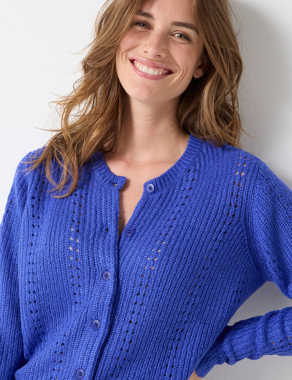 Cardigan boutonn&eacute; maille fantaisie, toucher doux (bleu dur)