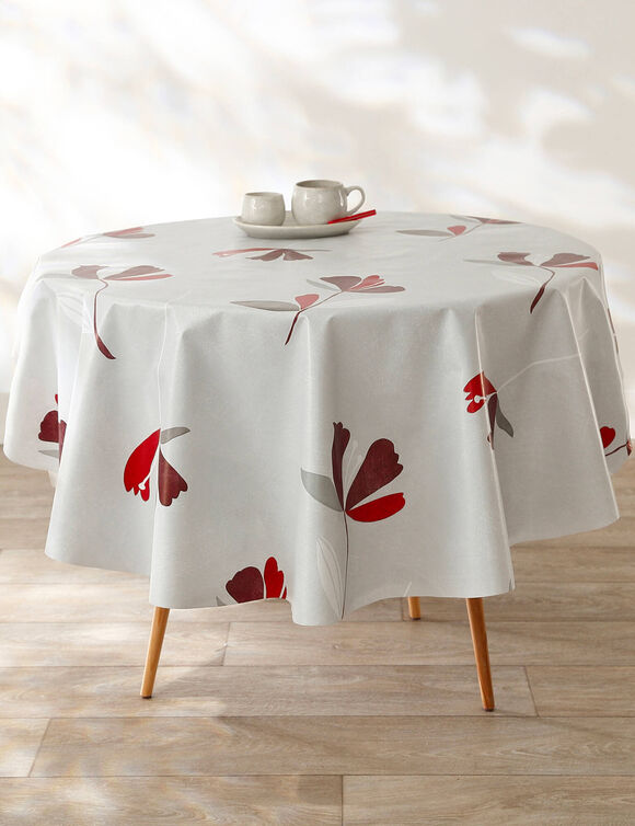 Tafellaken in toile cirée, bloemenprint (grijs / rood)