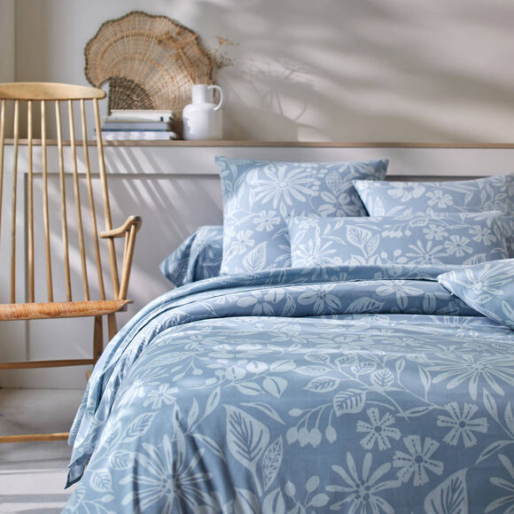 Bedlinnen Céline, in katoen met bloemenprint (grijsblauw)