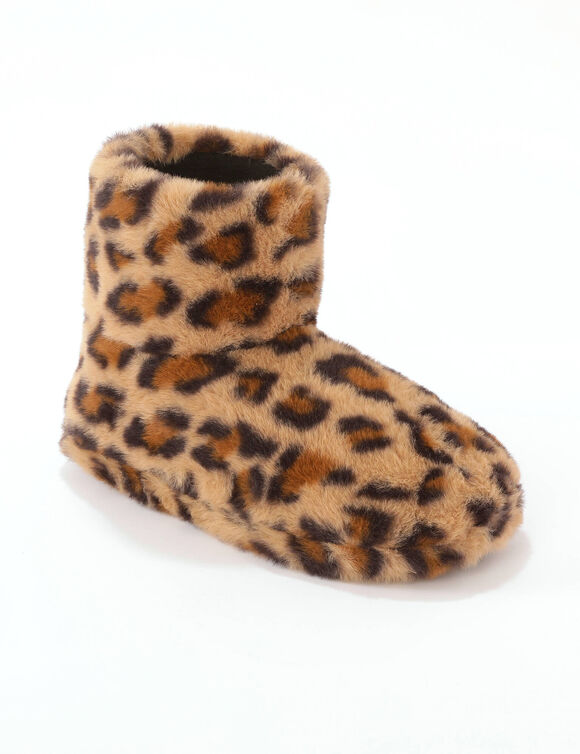 Chaussons botillons fourr&eacute;s motif l&eacute;opard (marron / noir)