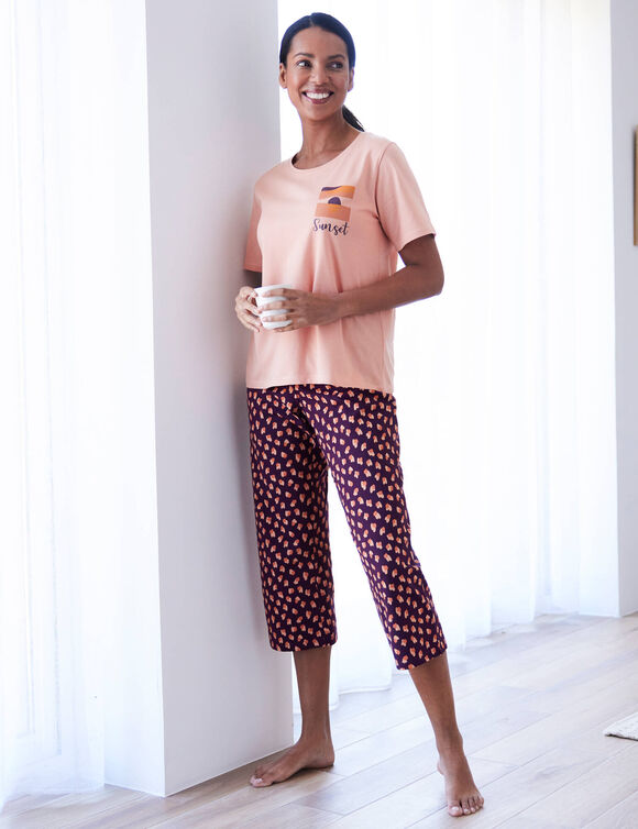 Pyjama court imprimé animalier (pêche / aubergine)