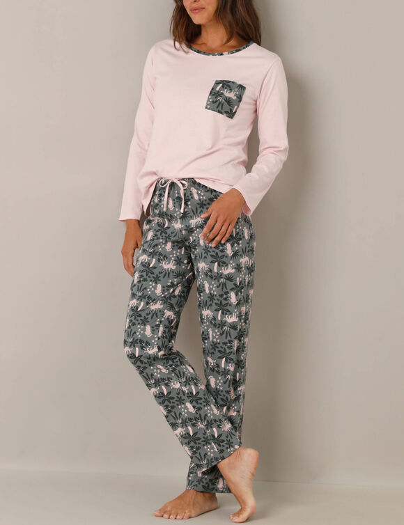 Pyjama imprim&eacute; jungle, maille jersey coton (gris / rose)