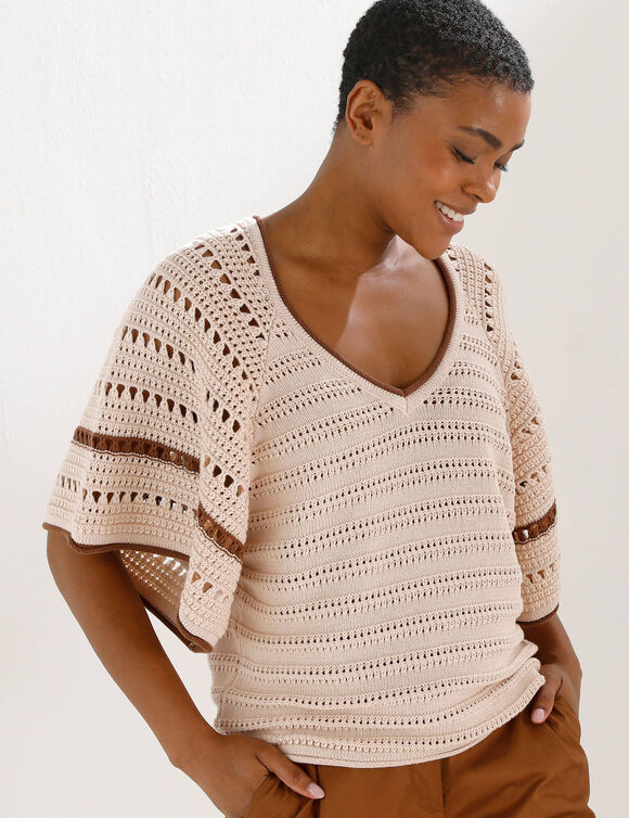 Trui met korte vlindermouwen, fantasietricot (grijsbeige / karamel)