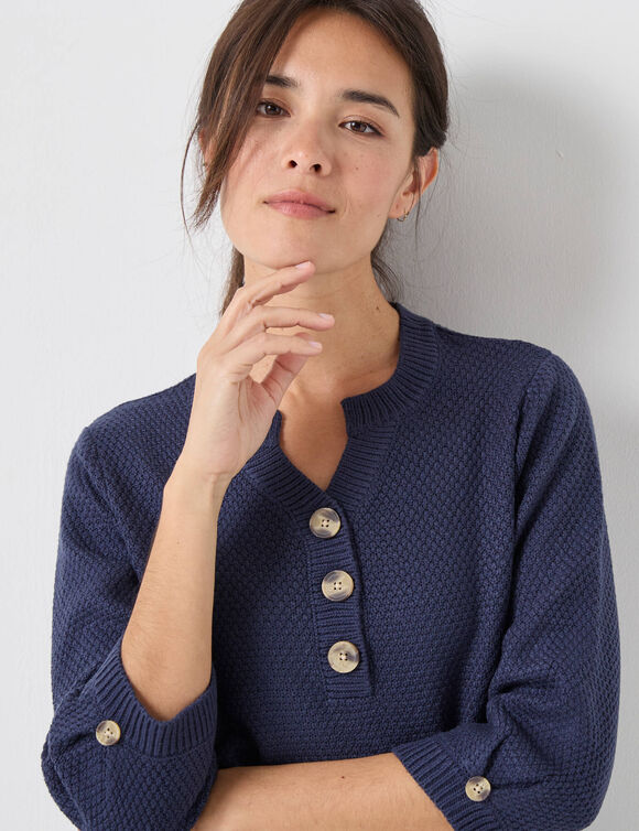 Pull col tunisien manches 3/4, maille fantaisie (marine)