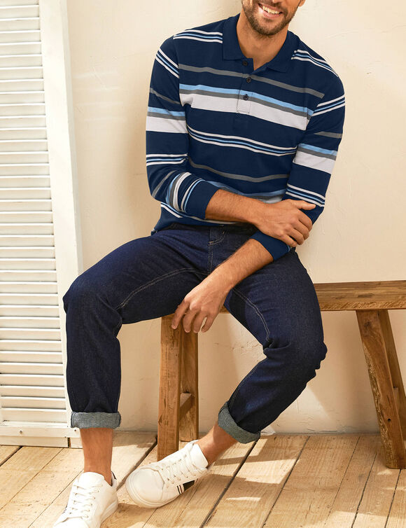 Polo maille piqu&eacute;e ray&eacute;e, manches longues (marine / gris)