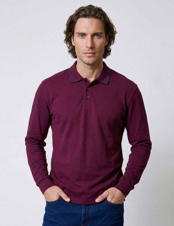 Polo uni maille piqu&eacute;e manches longues (bordeaux)