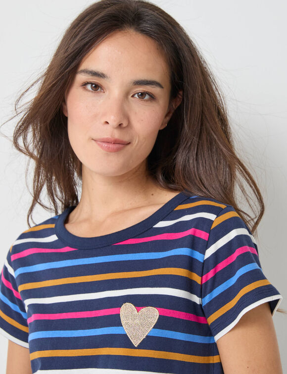 T-shirt rayé manches courtes, brodé "cœur" doré (marine / multicolore)