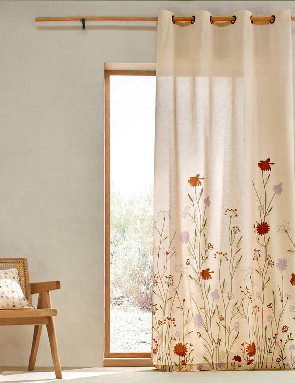 Rideau coton lin base fleurie (vert / parme)