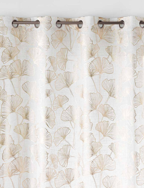 Gordijn met oogringen, metallic ginkgomotief (naturel / goudkleurig)