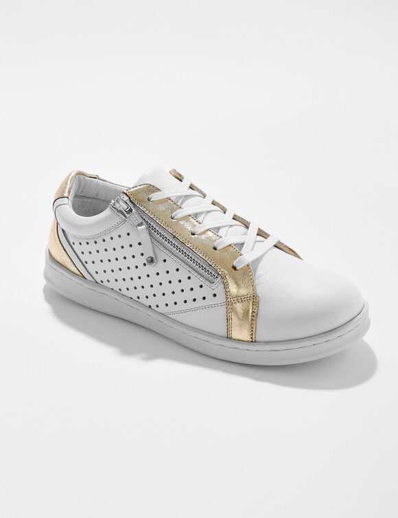 Baskets zippées en cuir perforé (blanc / doré)