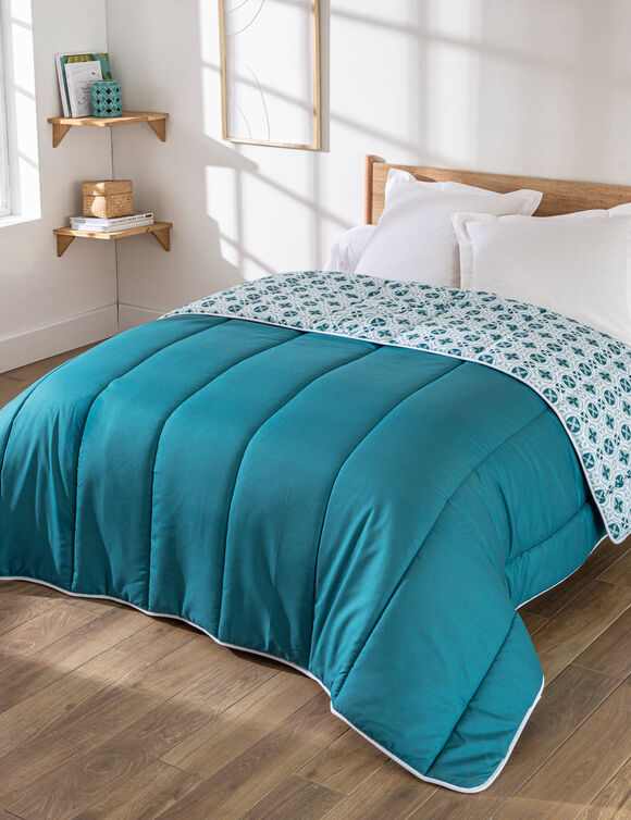 Couette microfibre imprim&eacute; mosa&iuml;ques 400 g/m&sup2; (bleu paon)