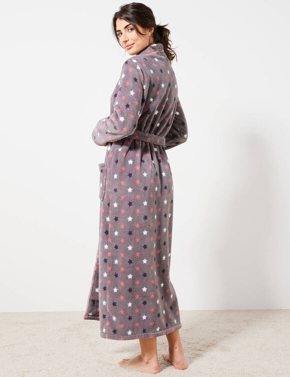 Peignoir polaire toucher peluche manches longues, longueur 130 cm  (gris / rose)