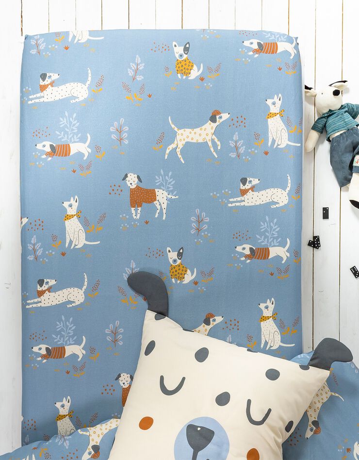 Linge de lit enfant Dalma - coton biologique imprimé chiens (bleu)