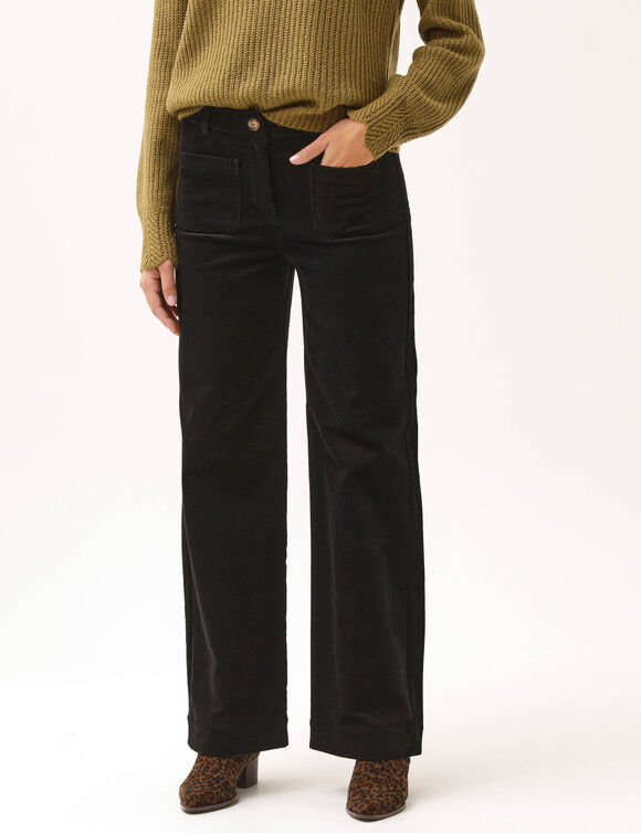 Pantalon velours coupe large taille haute, petite stature (noir)