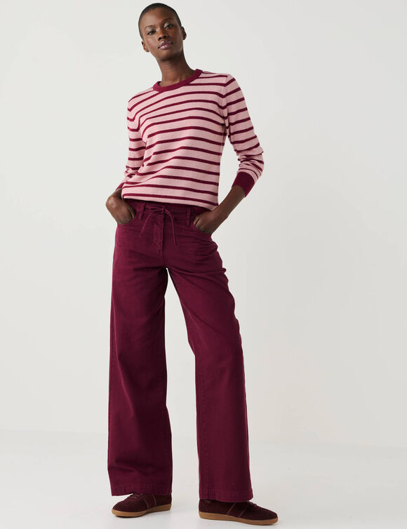 Pull ray&eacute; col rond, laine d'agneau (bordeaux / rose poudr&eacute;)