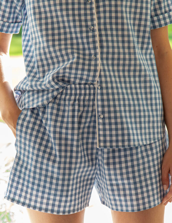 Pyjama short col tailleur coton &agrave; carreaux tiss&eacute;s teints (bleu)