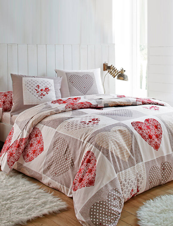 Linge de lit Lovely en coton imprim&eacute; coeurs (taupe / rouge)