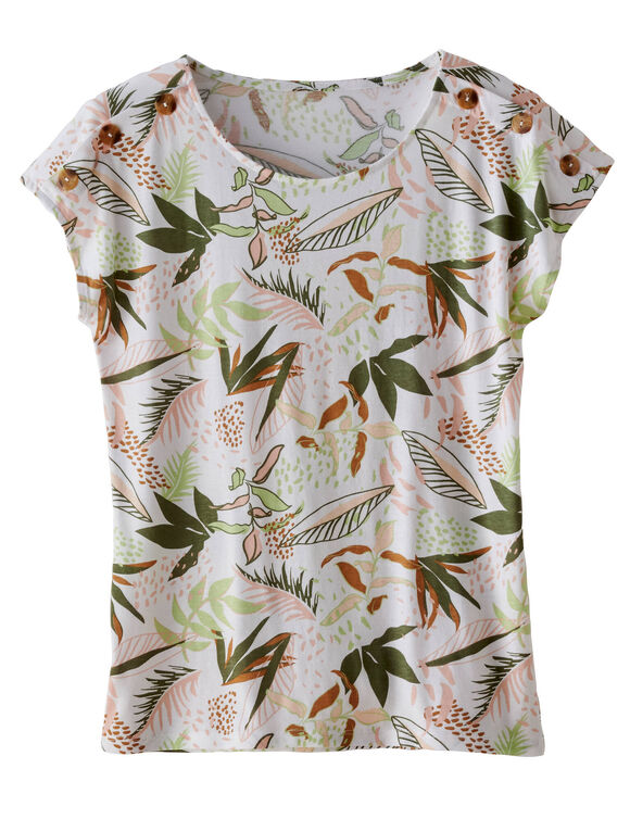 T-shirt col rond imprim&eacute; tropical (blanc / vert)