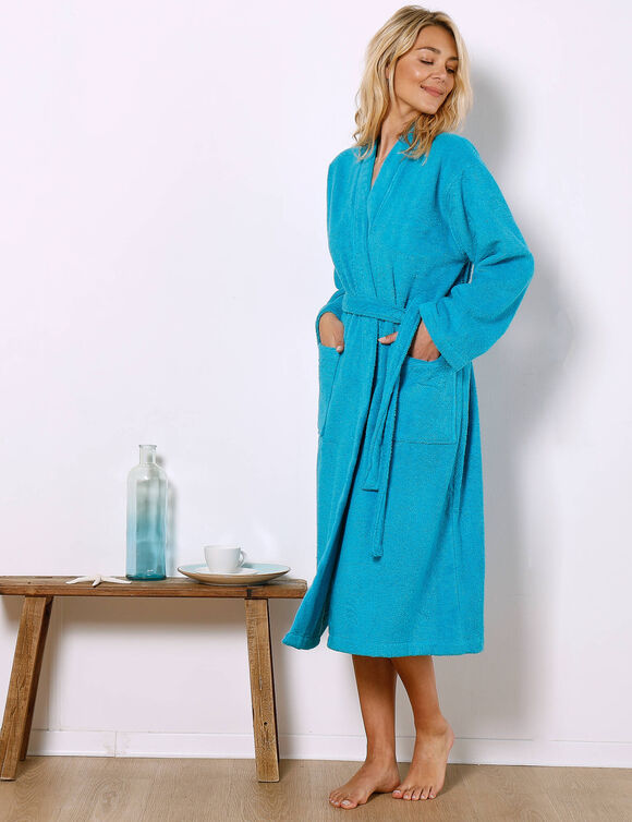 Peignoir mixte adulte col kimono éponge bouclette  (turquoise)