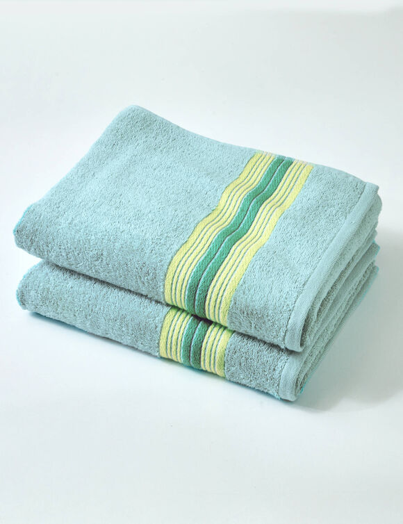 Collection serviettes de bain liteau rayures bayad&egrave;res - &eacute;ponge bouclette 420 gr/m&sup2; (vert d'eau)