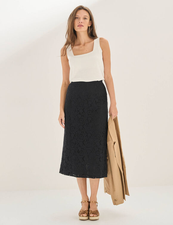 Jupe longue dentelle doubl&eacute;e, dos fendu (noir)