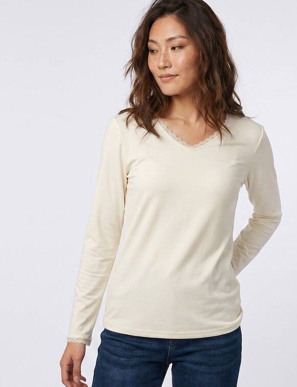 Tee-shirt manches longues chaleur seconde peau et d&eacute;tails dentelle (ivoire)