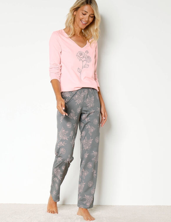 Katoenen pyjama met lange mouwen en rozenprint (grijs / roze)