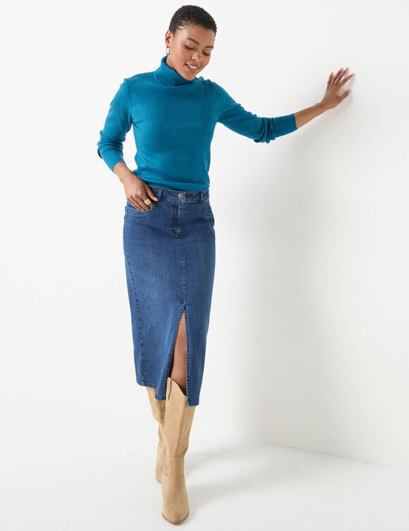 Pull col roulé, maille côtelée (bleu canard)