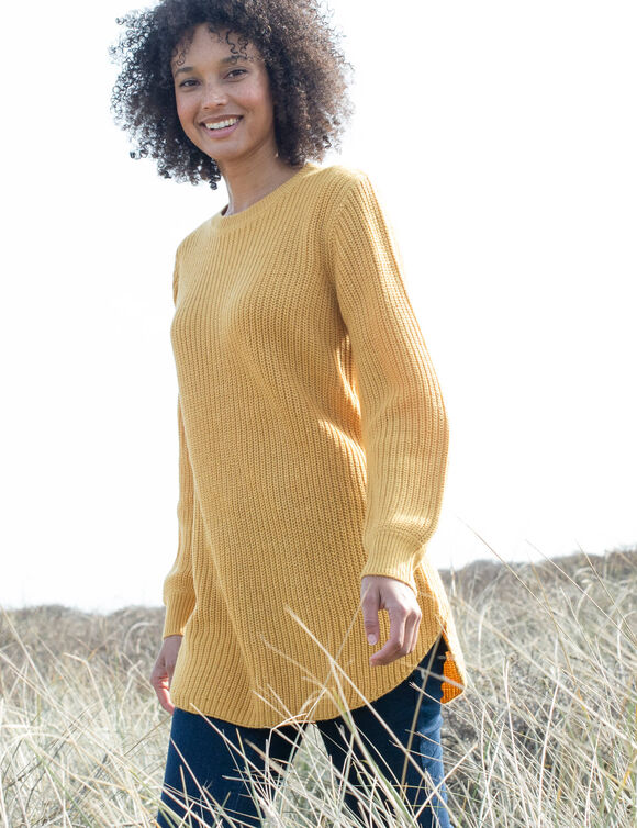 Pull tunique &eacute;vas&eacute; col rond, maille anglaise (curry)