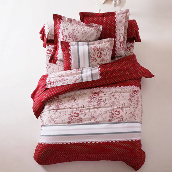 Linge de lit Gabrielle flanelle, imprimé fleurs et dentelle (rouge)