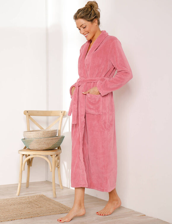 Peignoir in fleece met pluchetouch - 130 cm lang, lange mouwen (poederroze)